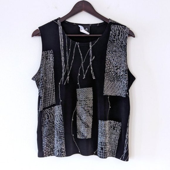 VINTAGE 90s Abstract Print Tank Top Grunge Goth Retro Sleeveless Black & White - Picture 5 of 8